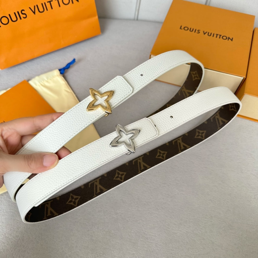 LV Flowergram 30mm Reversible Belt Gold Buckle White Brown Leather
