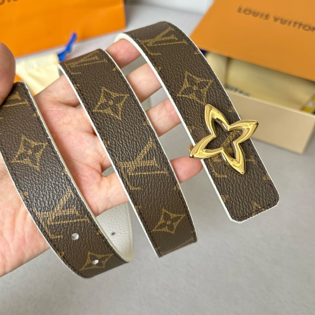 LV Flowergram 30mm Reversible Belt Gold Buckle White Brown Leather