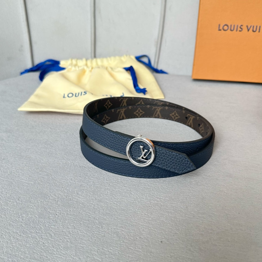 LV Circle 20mm Reversible Belt Silver Buckle Navy Blue Brown Leather