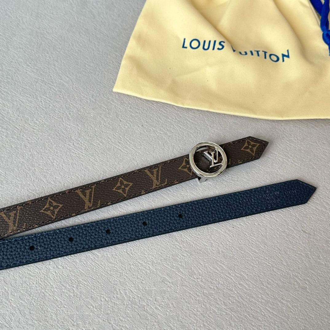 LV Circle 20mm Reversible Belt Silver Buckle Navy Blue Brown Leather