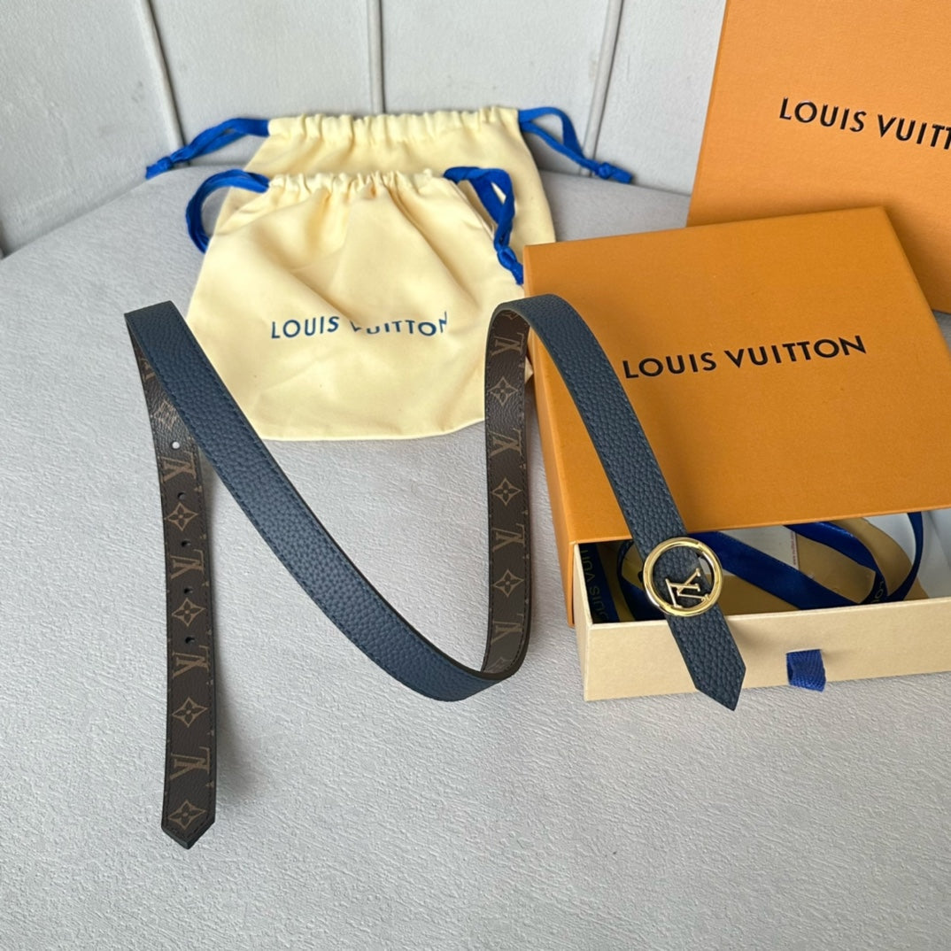 LV Circle 20mm Reversible Belt Gold Buckle Navy Blue Brown Leather