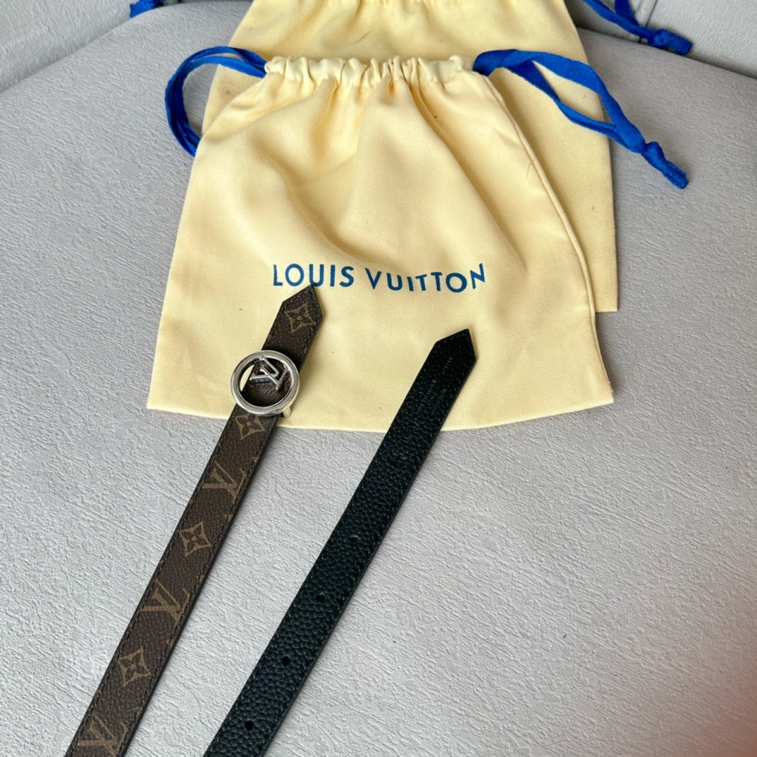 LV Circle 20mm Reversible Belt Silver Buckle Black Brown Leather