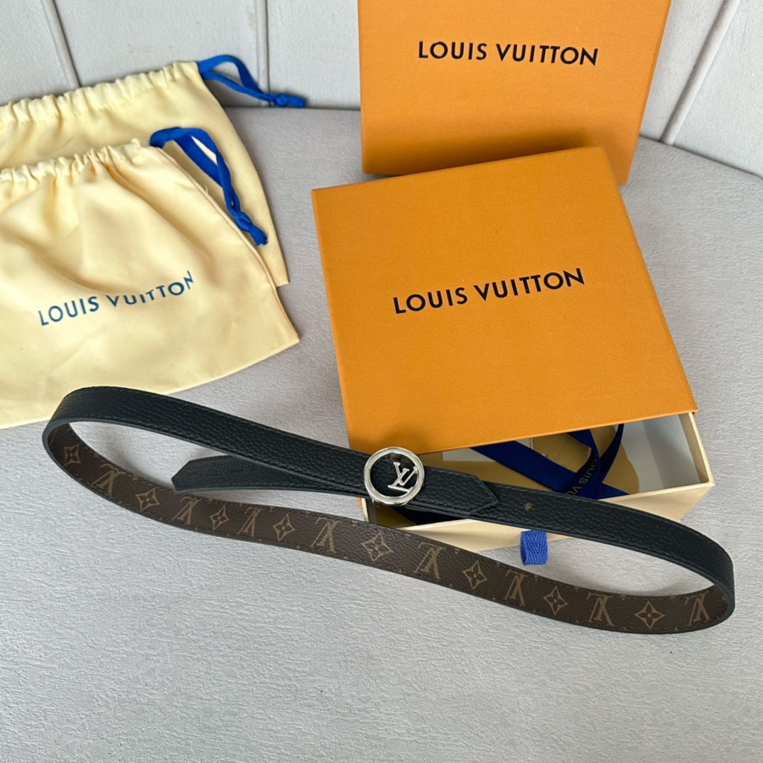 LV Circle 20mm Reversible Belt Silver Buckle Black Brown Leather