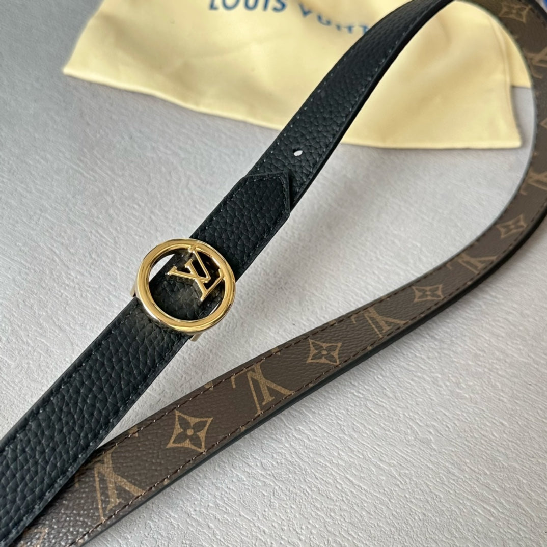 LV Circle 20mm Reversible Belt Gold Buckle Black Brown Leather