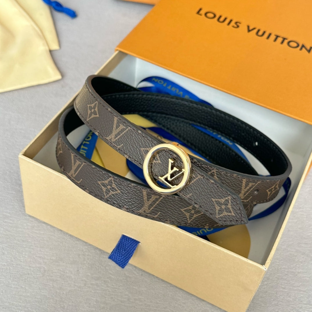 LV Circle 20mm Reversible Belt Gold Buckle Black Brown Leather