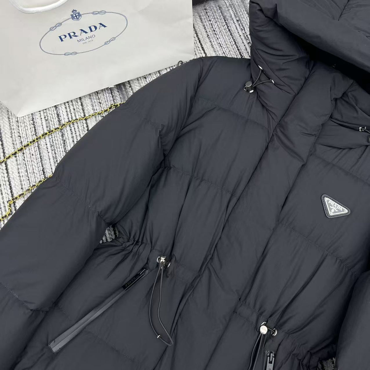 Prada 2025 Drawstring Waist Hooded Jacket Black Down Polyester