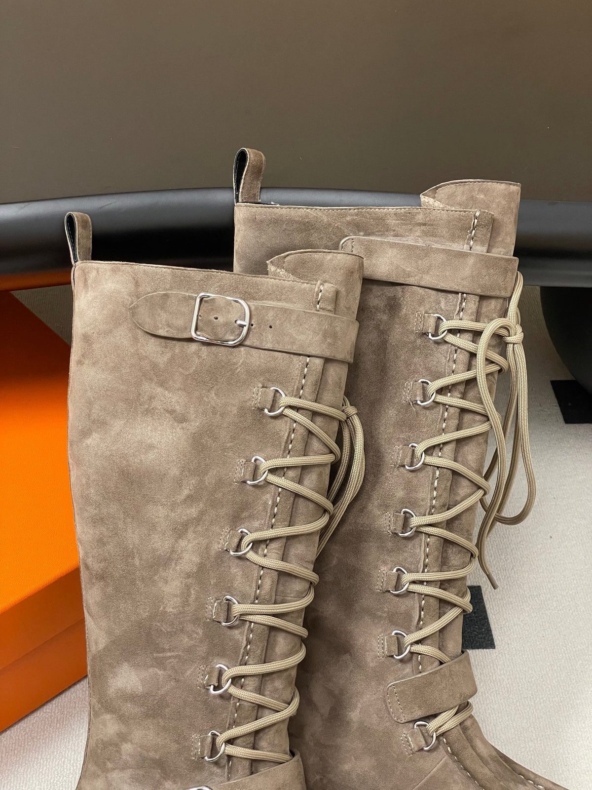 HM lace up boots belt buckle taupe suede