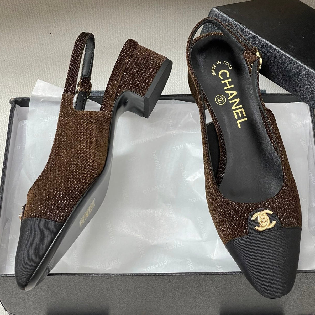 Chanel 25 Slingback Black Brown Lambskin Fabric 473210