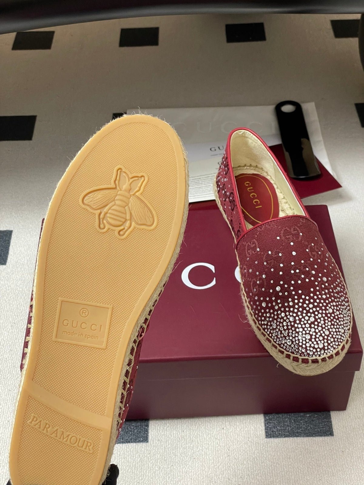 GG 26ss Slip-on Loafers Rhinestones Red Double G Canvas