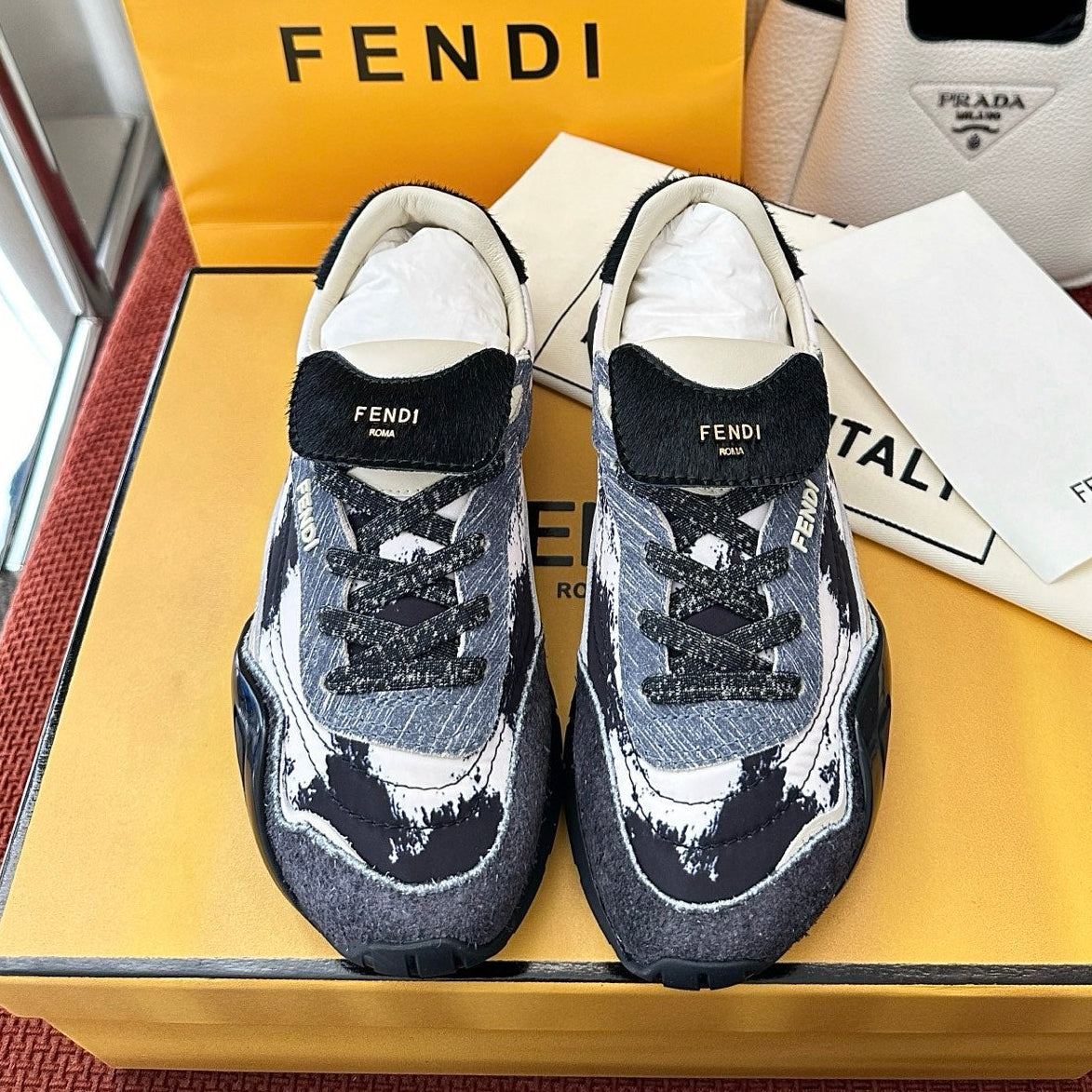 Fendi 2025 Wave Pulse Sneaker Black Gray Suede Cowhide 562136
