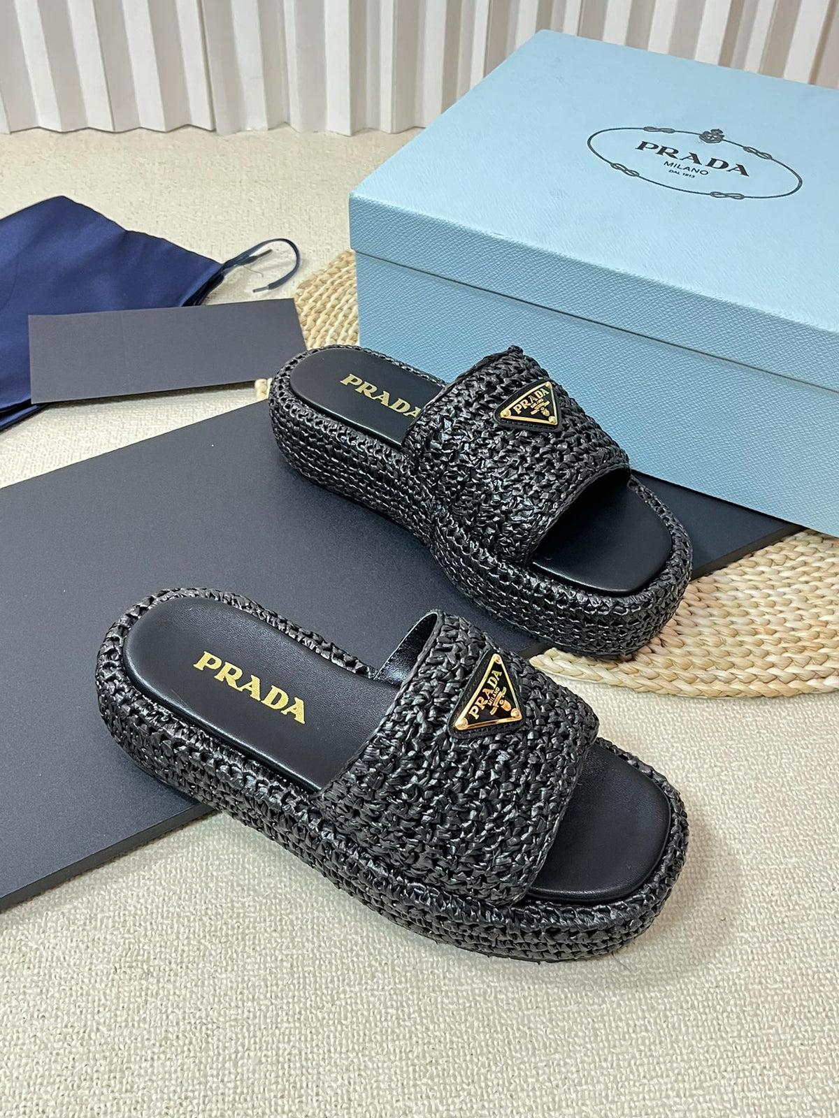 PRA CROCHET FLATFORM SLIDES BLACK RAFFIA