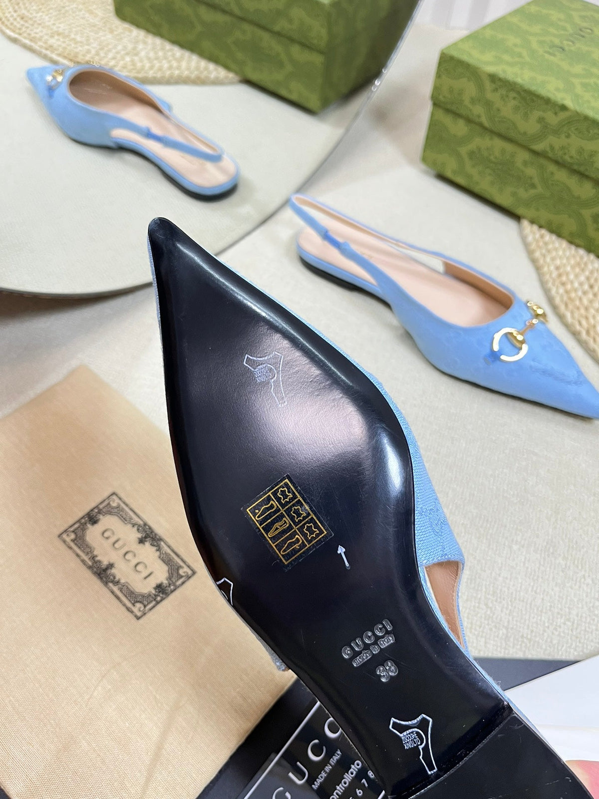 GC Horsebit Slingback Pump 10mm Blue Canvas Sheepskin 294542