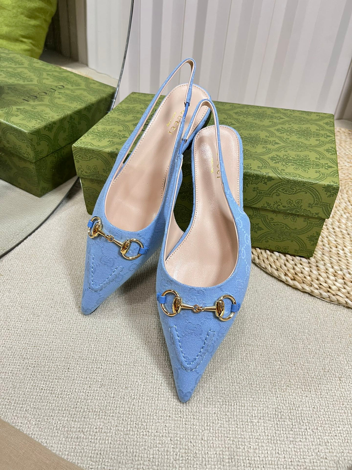 GC Horsebit Slingback Pump 10mm Blue Canvas Sheepskin 294542