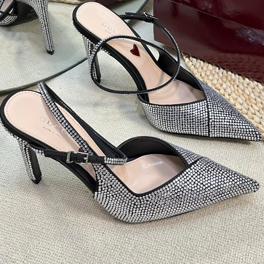 GC Crystal-Embellished Slingbacks Black Silk Sheepskin 294611
