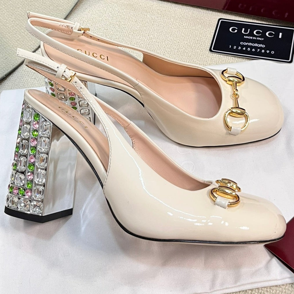 GC Horsebit Slingback with Crystal 95mm Ivory Patent Leather 294595