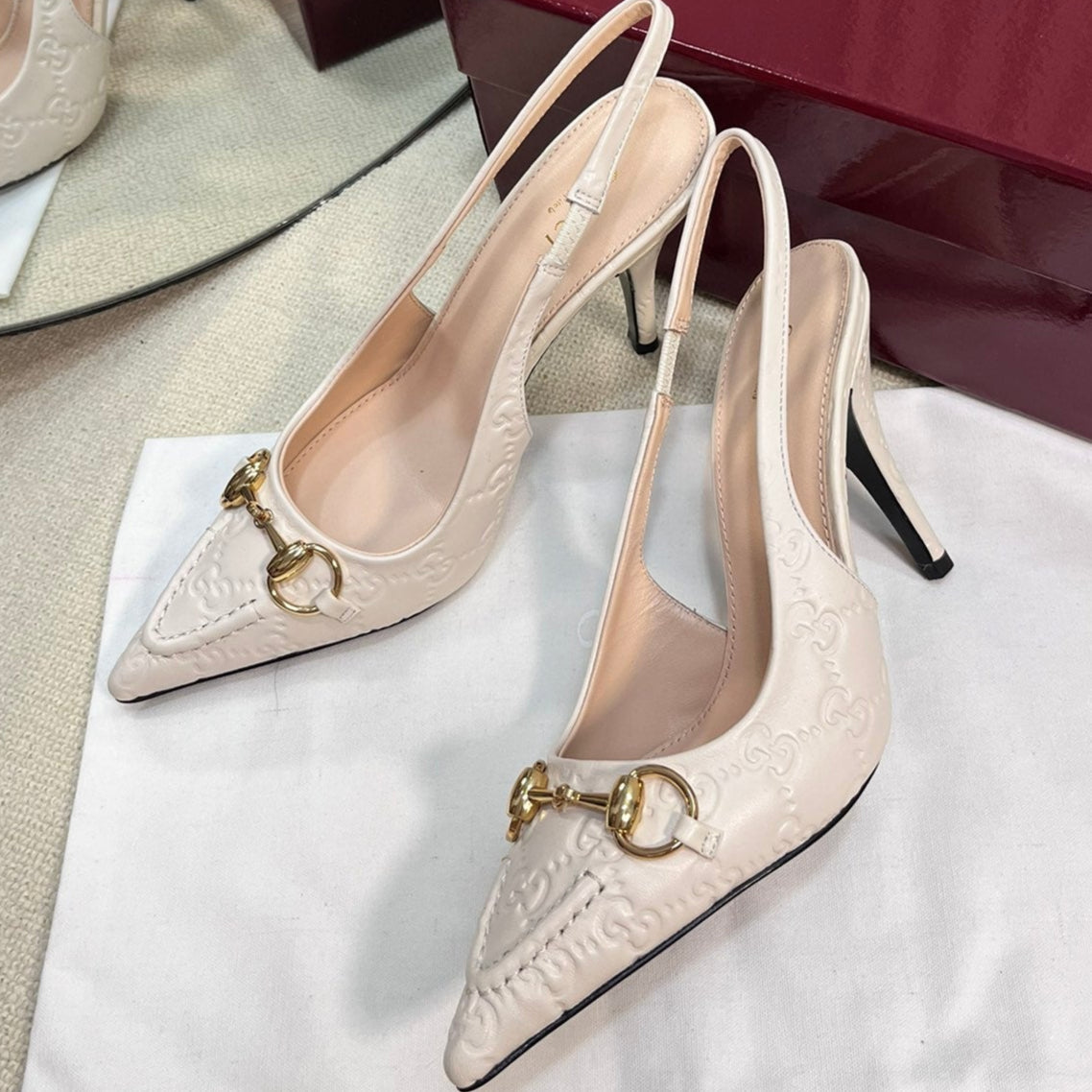 GC Horsebit Slingback Pump 100mm Ivory Embossed Sheepskin 294580