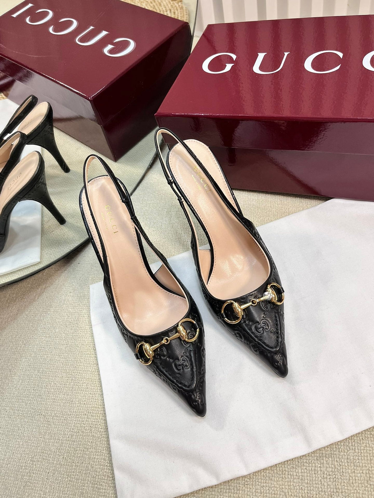 GC Horsebit Slingback Pump 100mm Black Embossed Sheepskin 294581