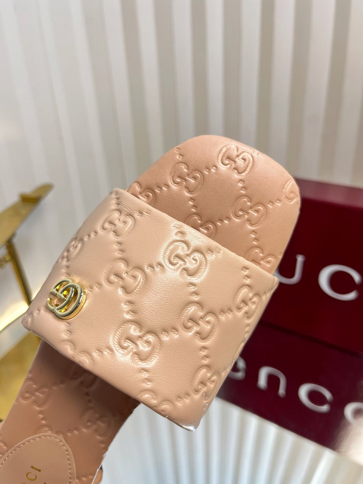 GC Double G Slide Sandals Nude Embossed Leather 294632