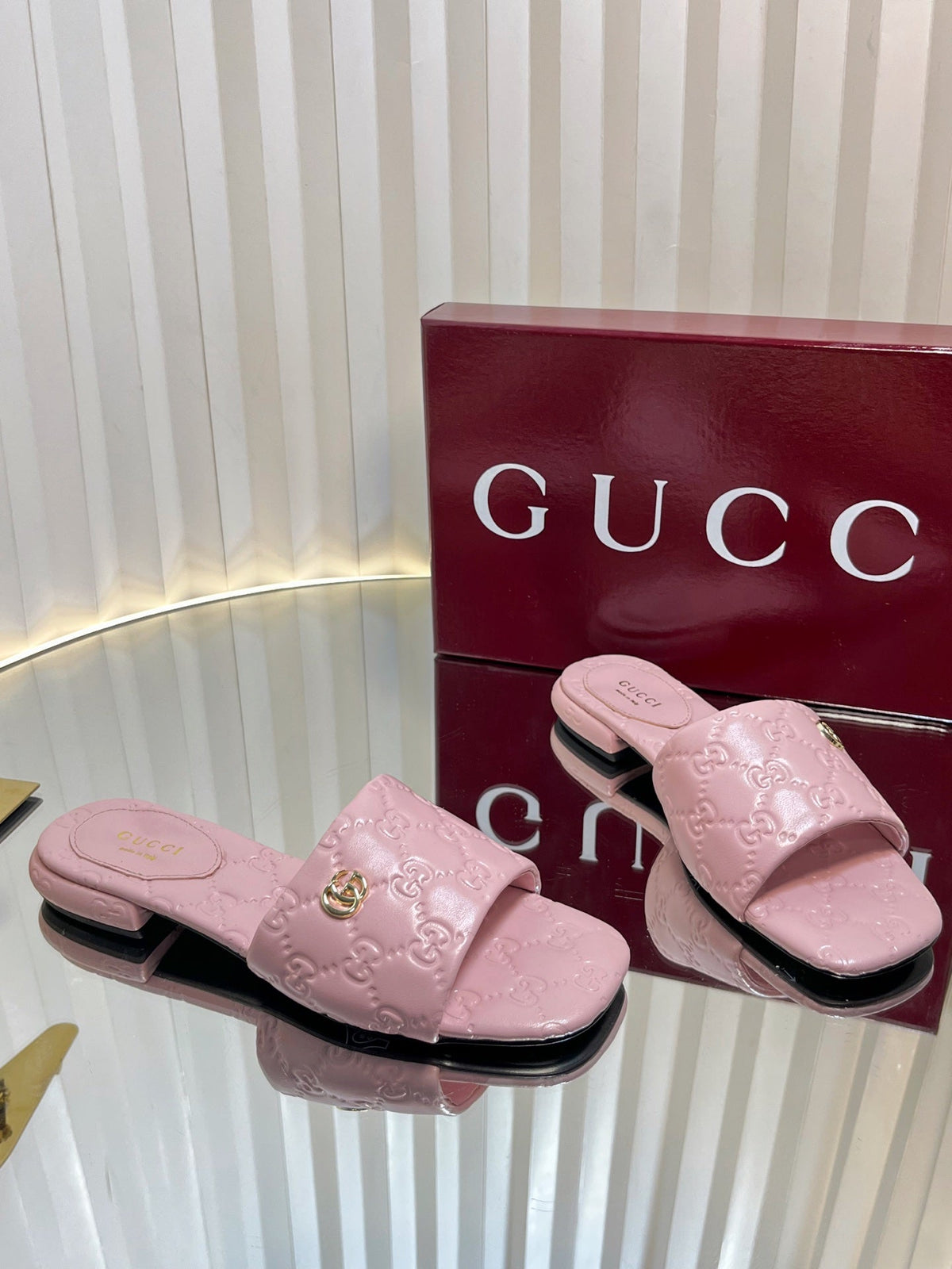 GC Double G Slide Sandals Pink Embossed Leather 294633