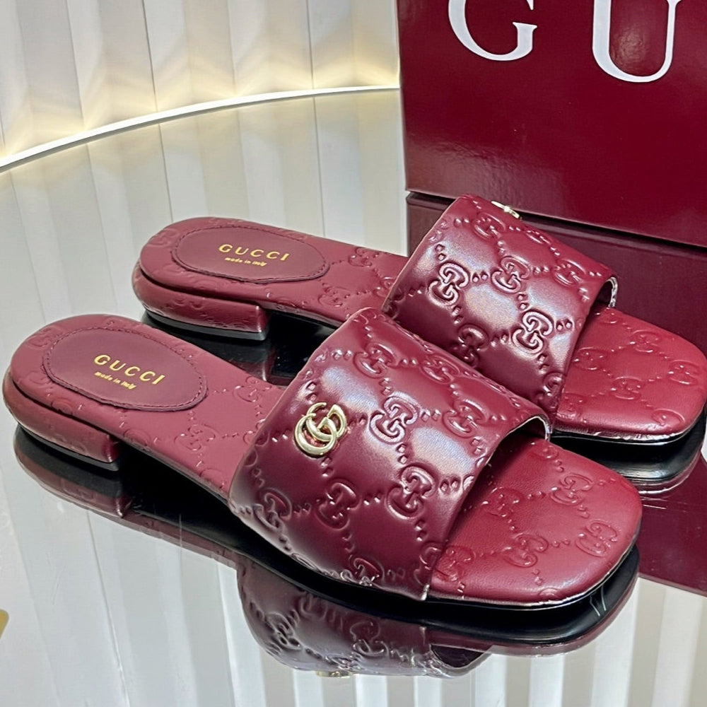 GC Double G Slide Sandals Rosso Ancora Red Embossed Leather 294634