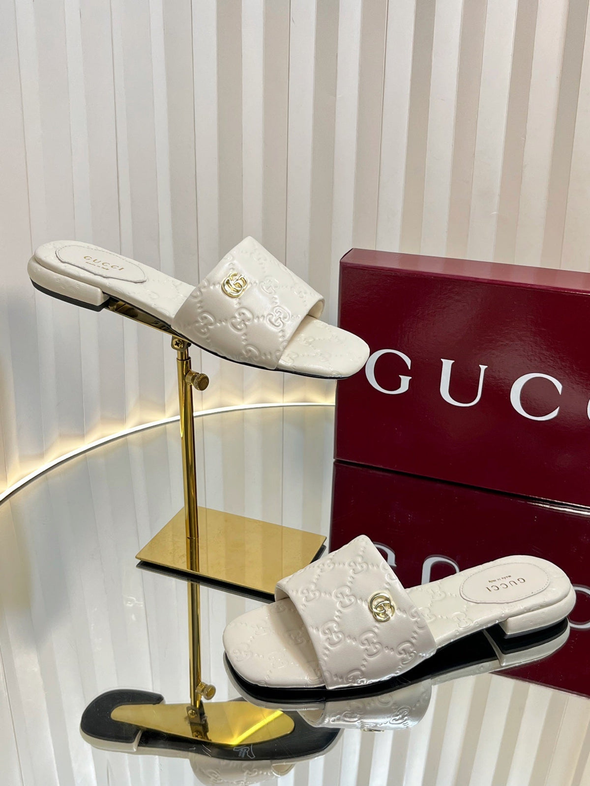 Gucci 2026 Flat Slide Sandals Embossed GG Monogram Leather 768074