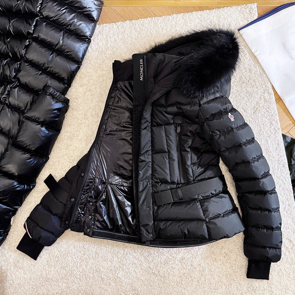 Moncler 2025  Grenoble 'Beverley' Hooded Shearling-trimmed Ski Black Down Jacket