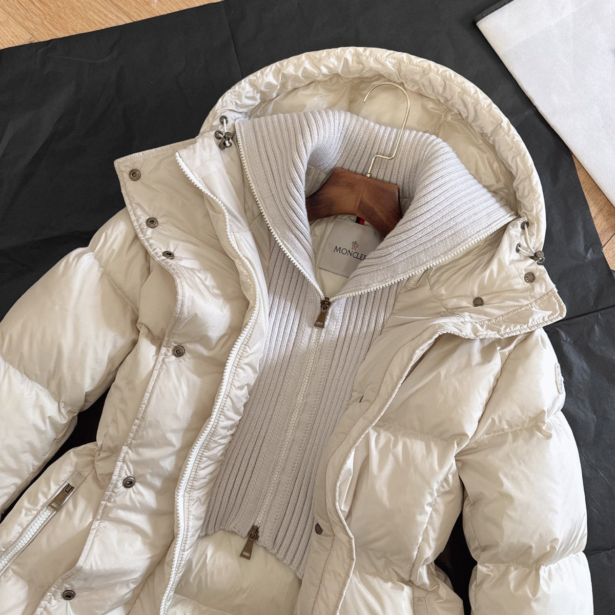 Moncler 2025 Chamer Wool-Trimmed Hooded Long Jacket Cream Down