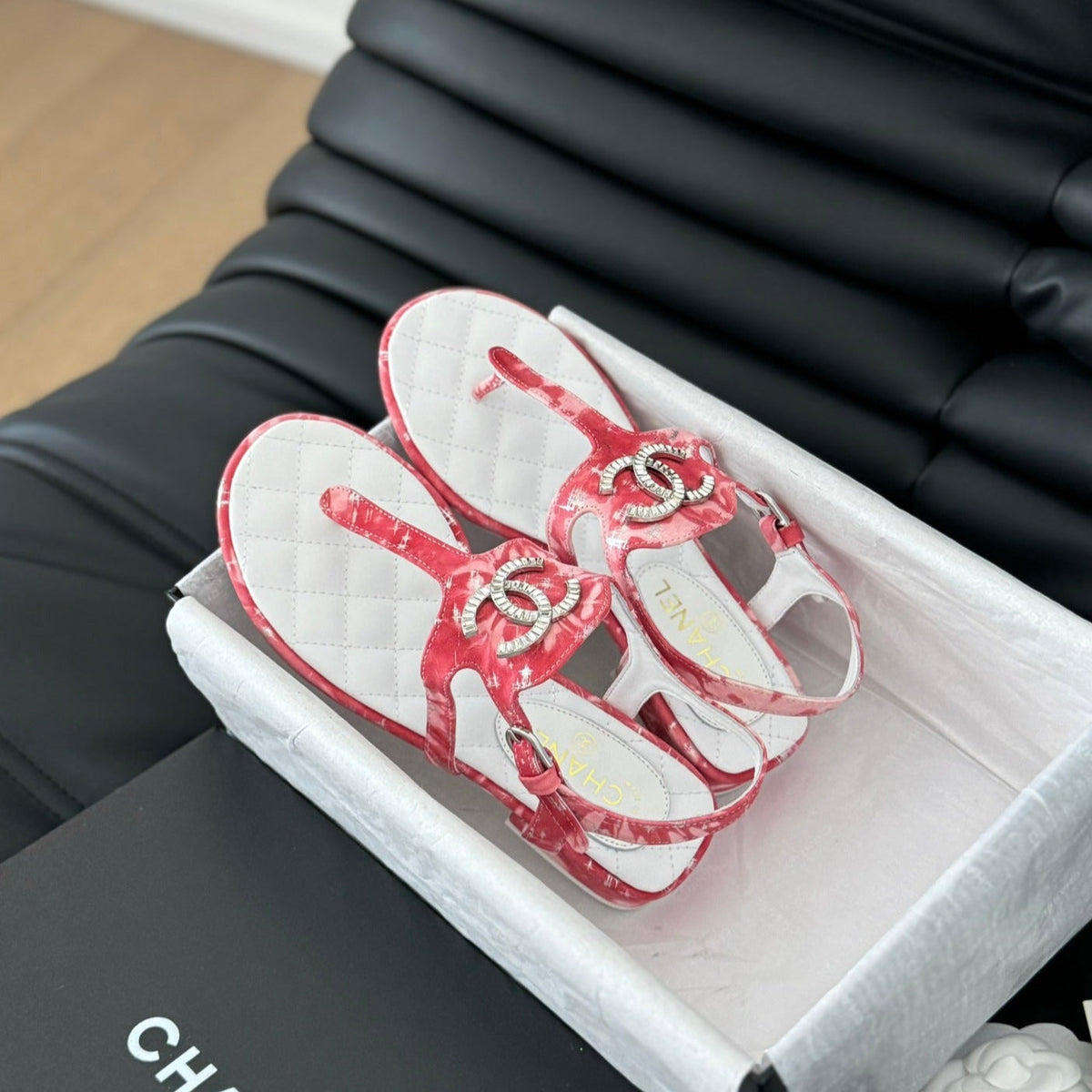 Double C Classic One-Strap Sandals White Pink Lambskin