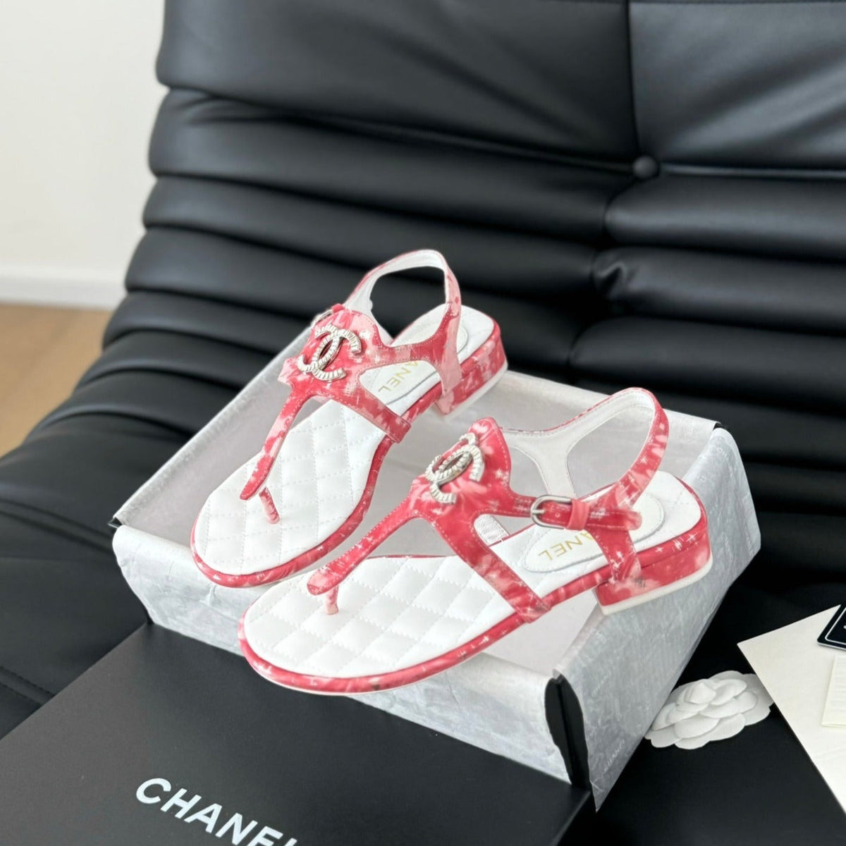 Double C Classic One-Strap Sandals White Pink Lambskin