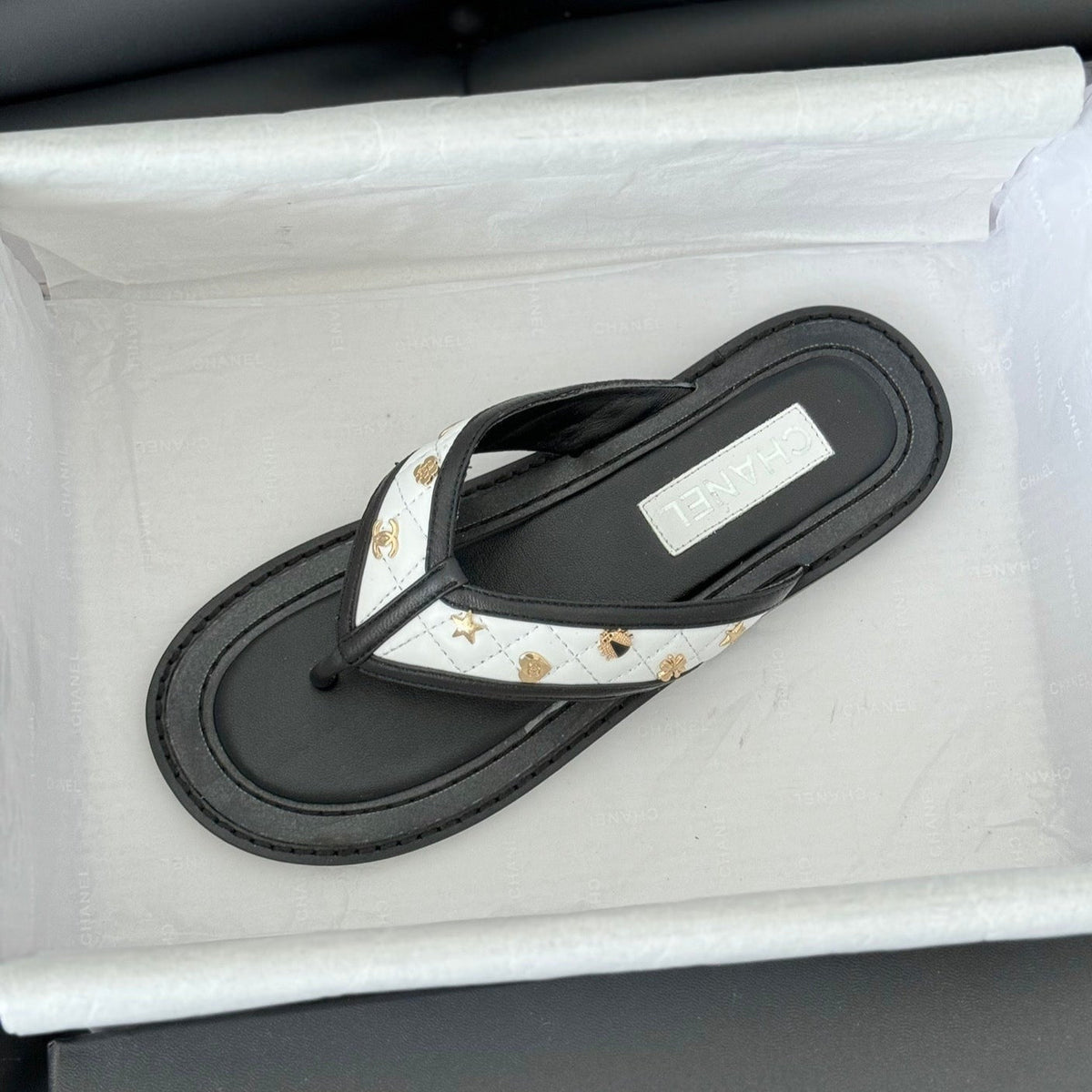 Double C Thong Sandals Lambskin Black White
