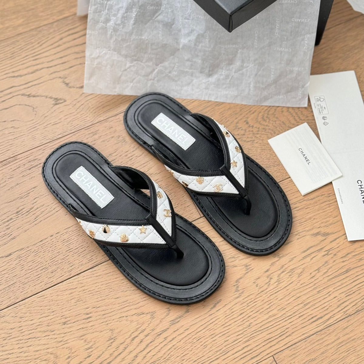 Double C Thong Sandals Lambskin Black White