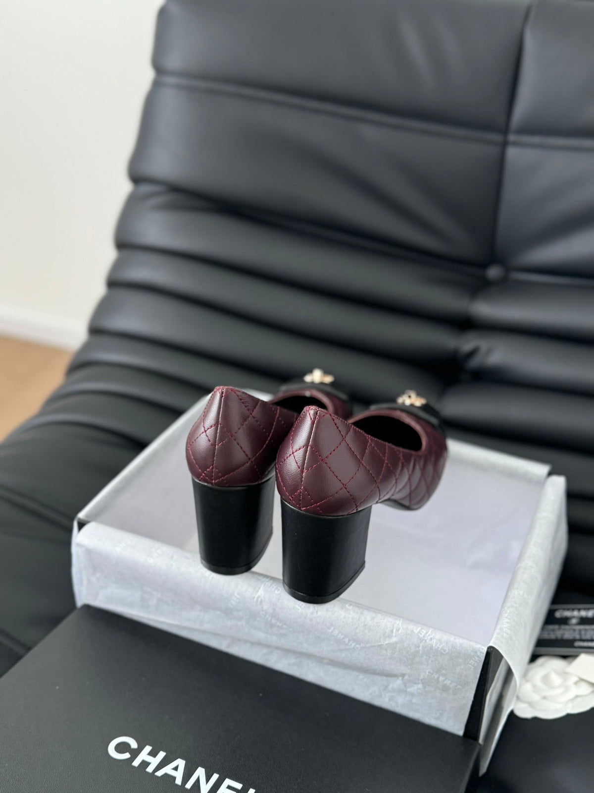 cc classic ballet flat with heel burgundy quilted calfskin