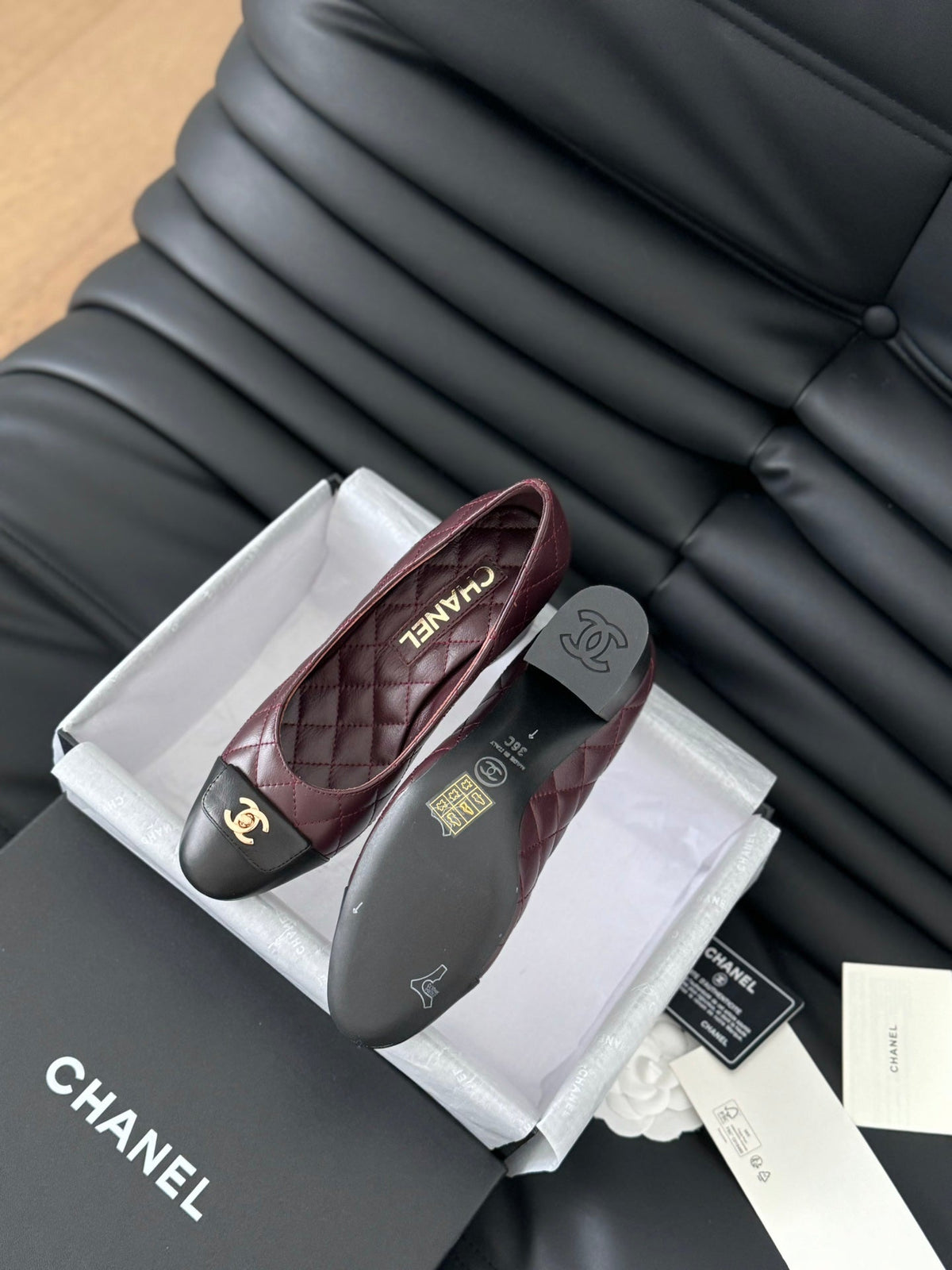 cc classic ballet flat with heel burgundy quilted calfskin