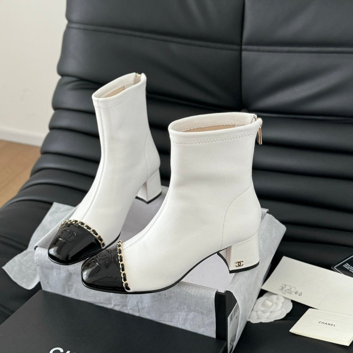CC Ankle Boot White Calfskin Black Patent Calfskin