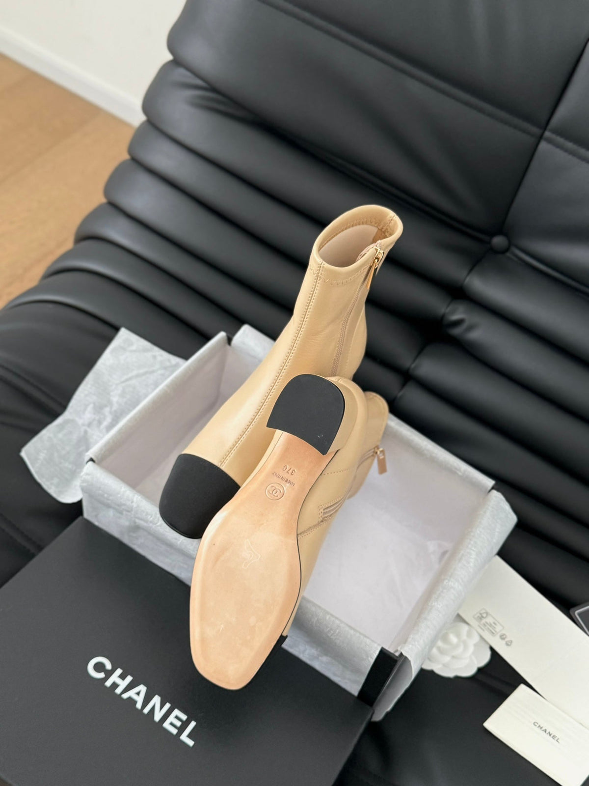 CC Ankle Boot Beige Calfskin Black Grosgrain