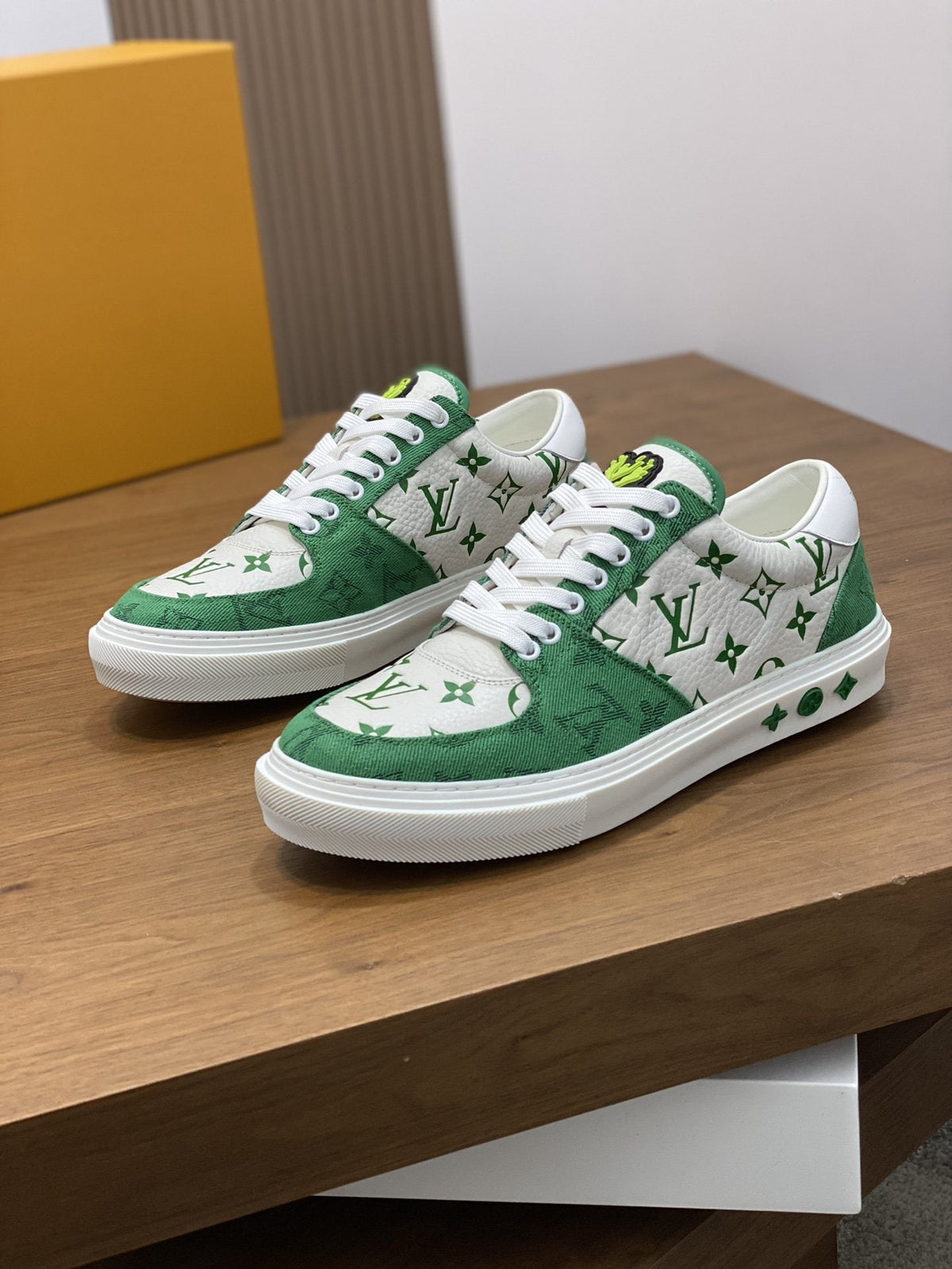 LV MONOGRAM GREEN AND WHITE SNEAKERS