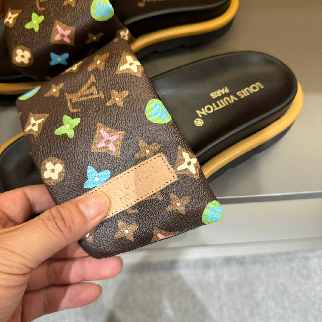 LV VELCRO SLIPPERS IN CHOCOLATE BROWN MONOGRAM CALFSKIN