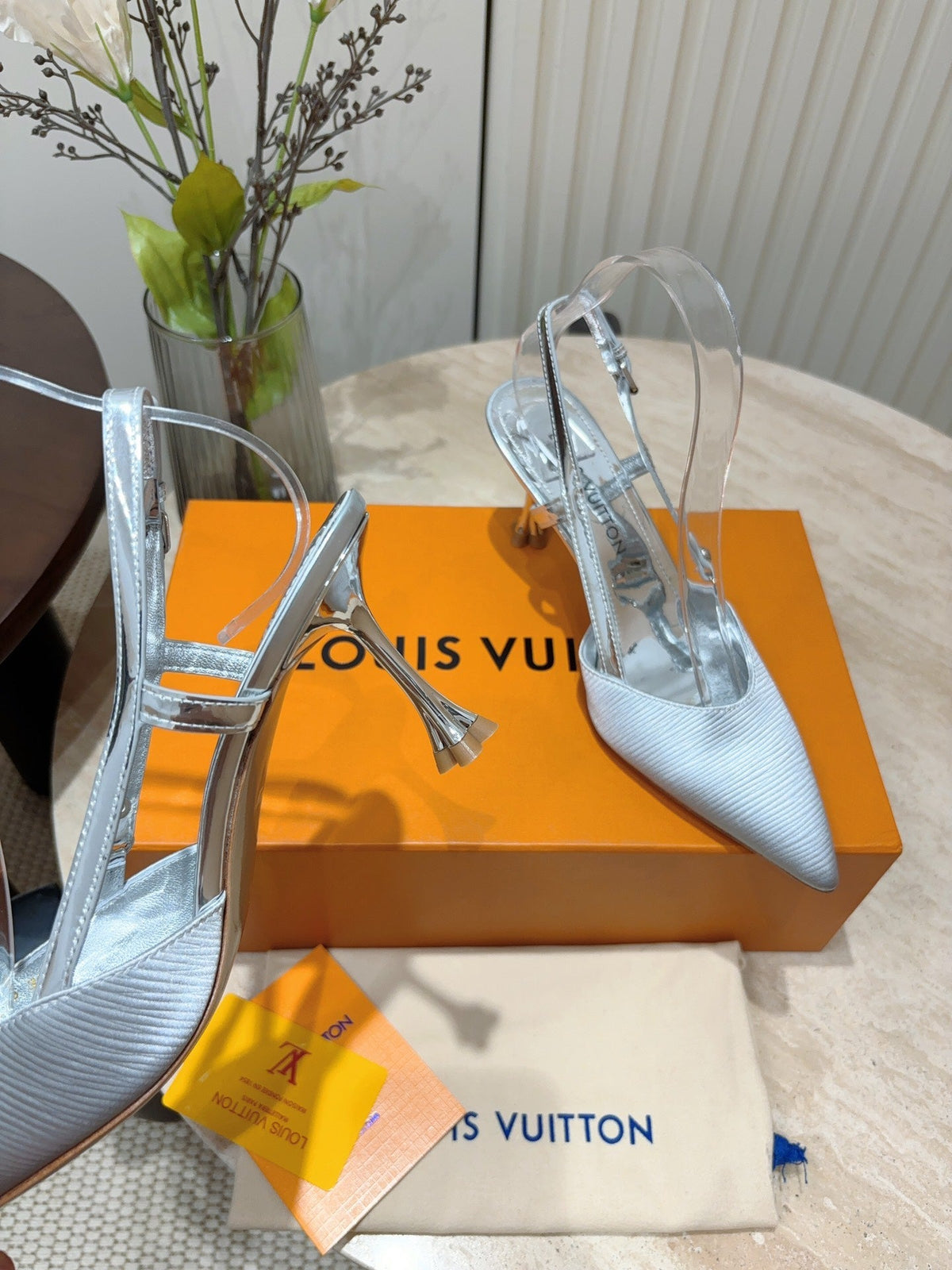 LV Blossom Slingback Pump 75mm White Silver Embroidered Fabric