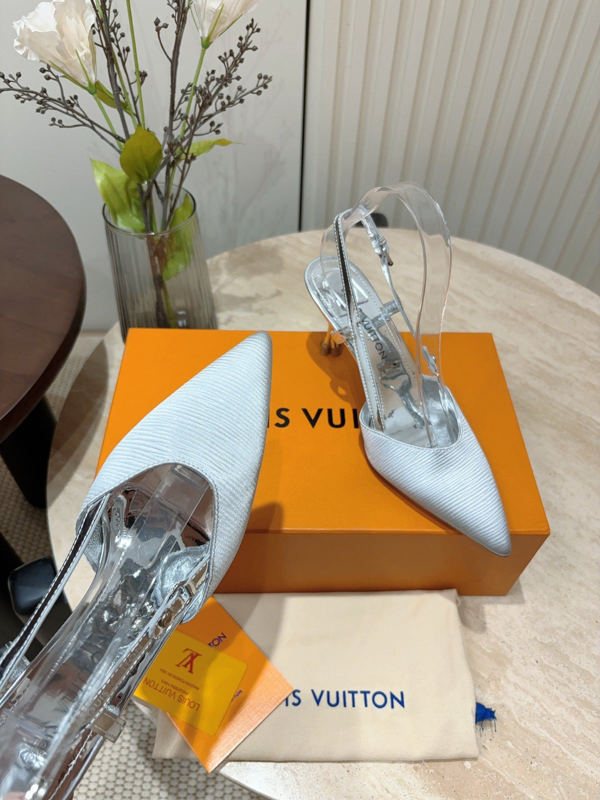 LV Blossom Slingback Pump 75mm White Silver Embroidered Fabric