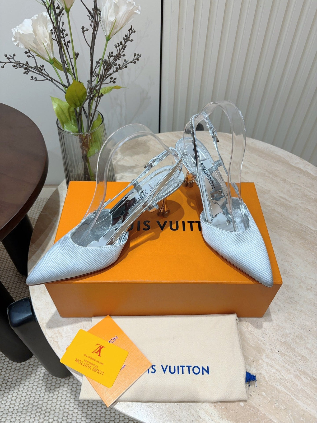 LV Blossom Slingback Pump 75mm White Silver Embroidered Fabric