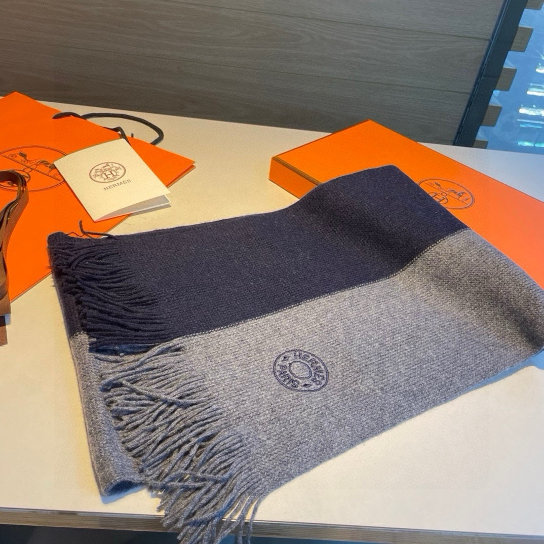 KNIT SCARF 180 IN NAVY BLUE MIX GREY CASHMERE