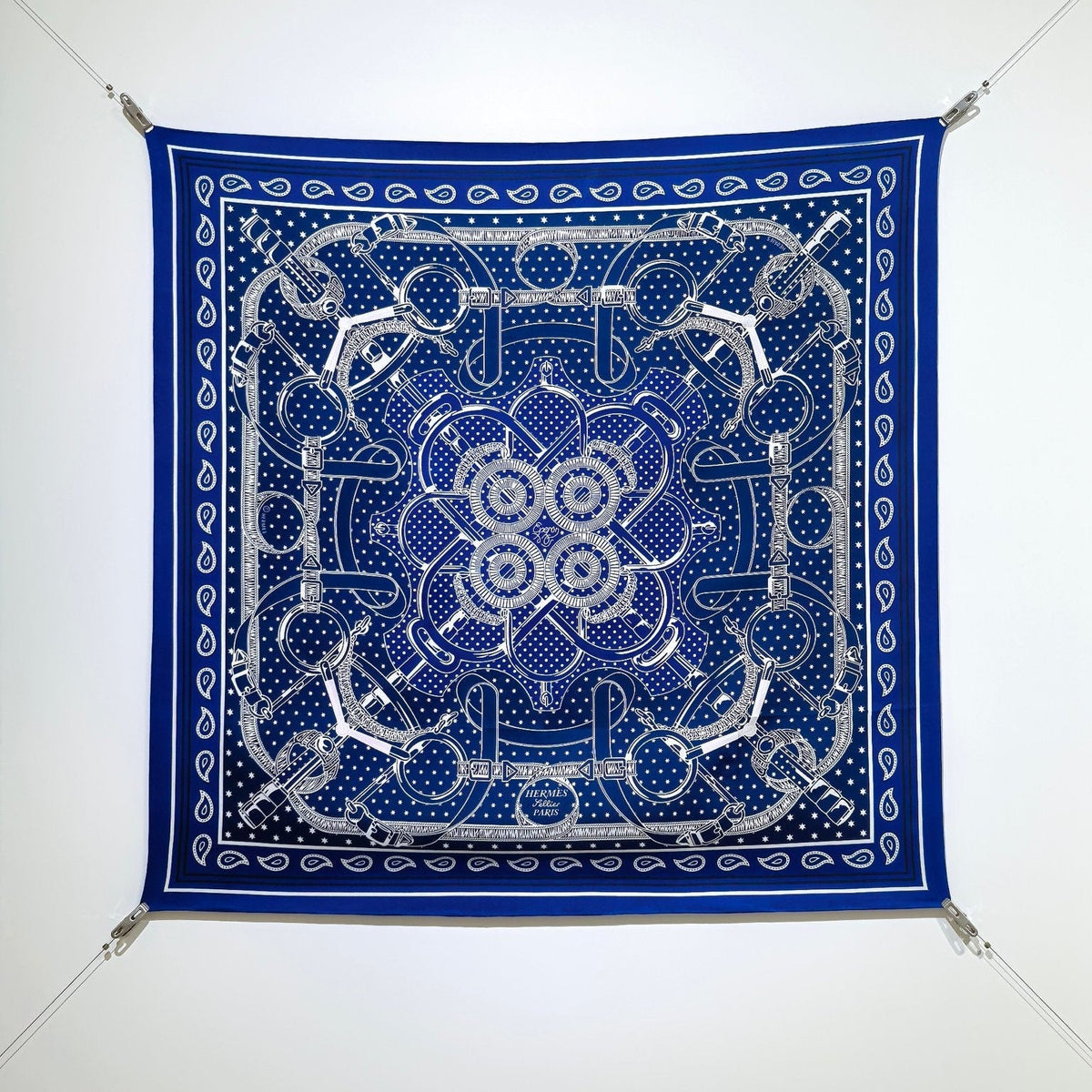 HM 26s Horse Scarf 90 Dark Blue Colorful Cashmere Silk 138043