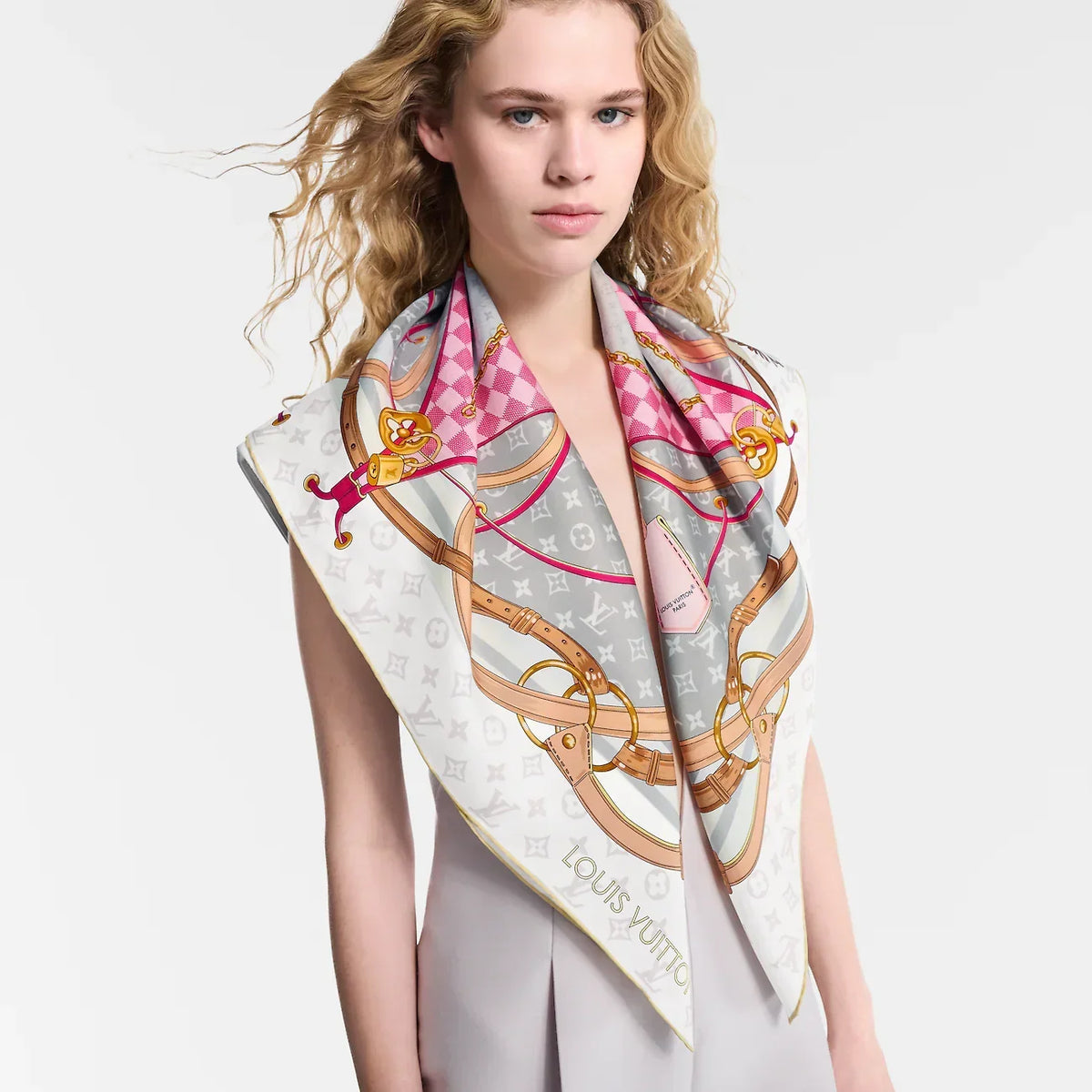 LV Double Sided Scarf 90 Gray Pink Monogram Cashmere Silk 168755