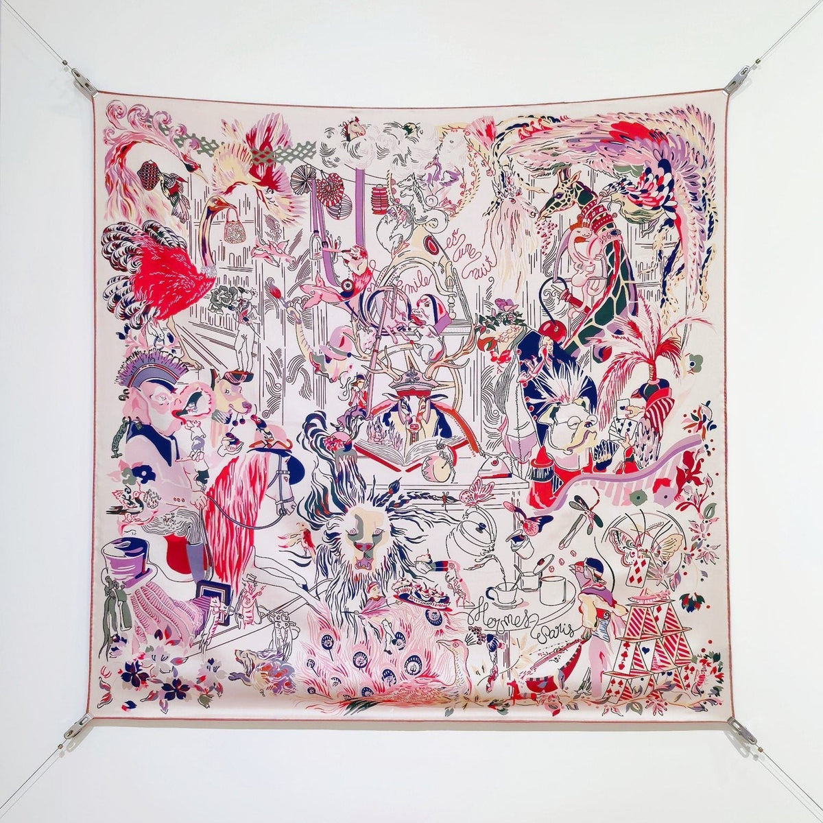 HM 26s Horse Scarf 90 Beige Pink Colorful Cashmere Silk 138046