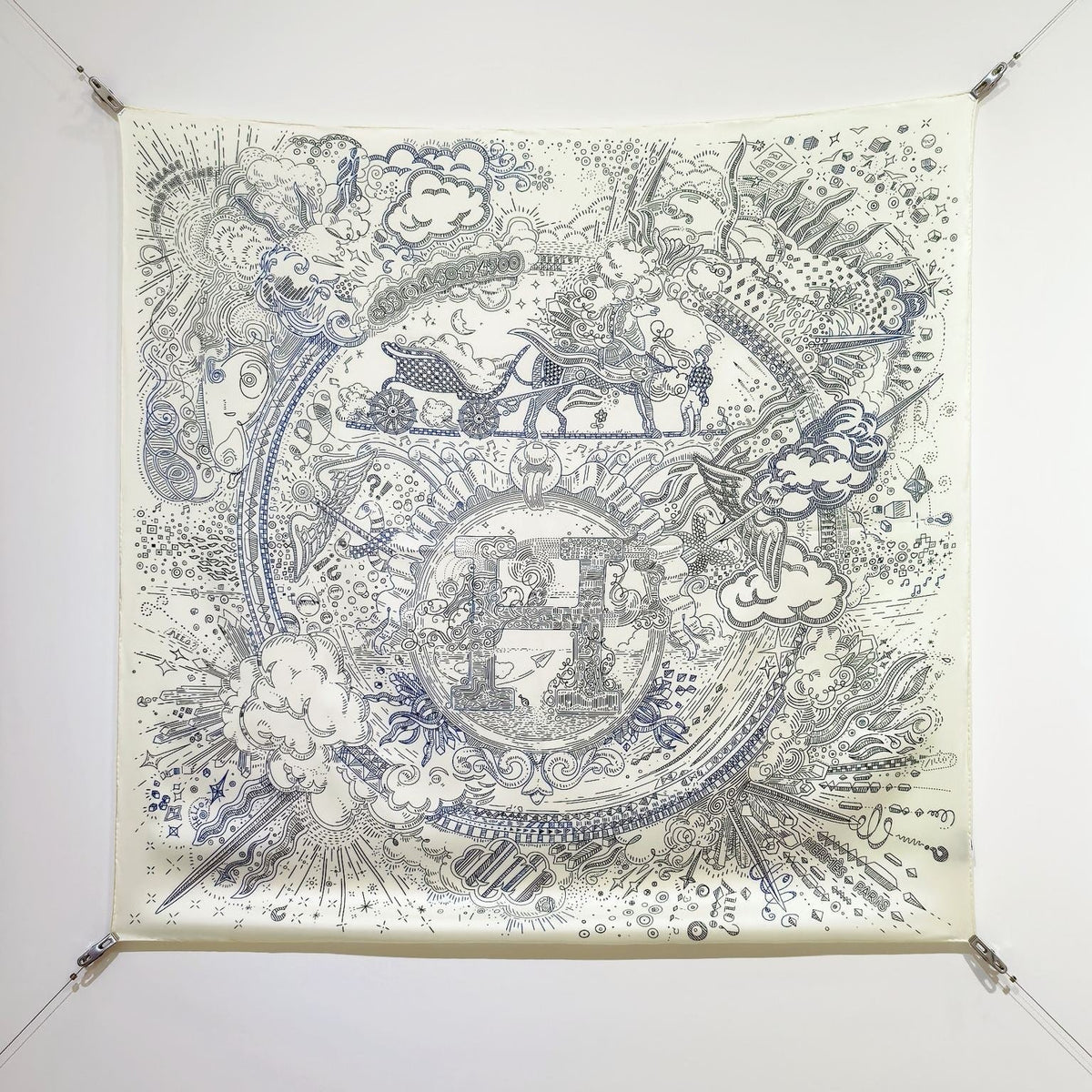 HM 26s 90 Double Sided Scarf White Gray Blue Colorful Mulberry Silk 145751