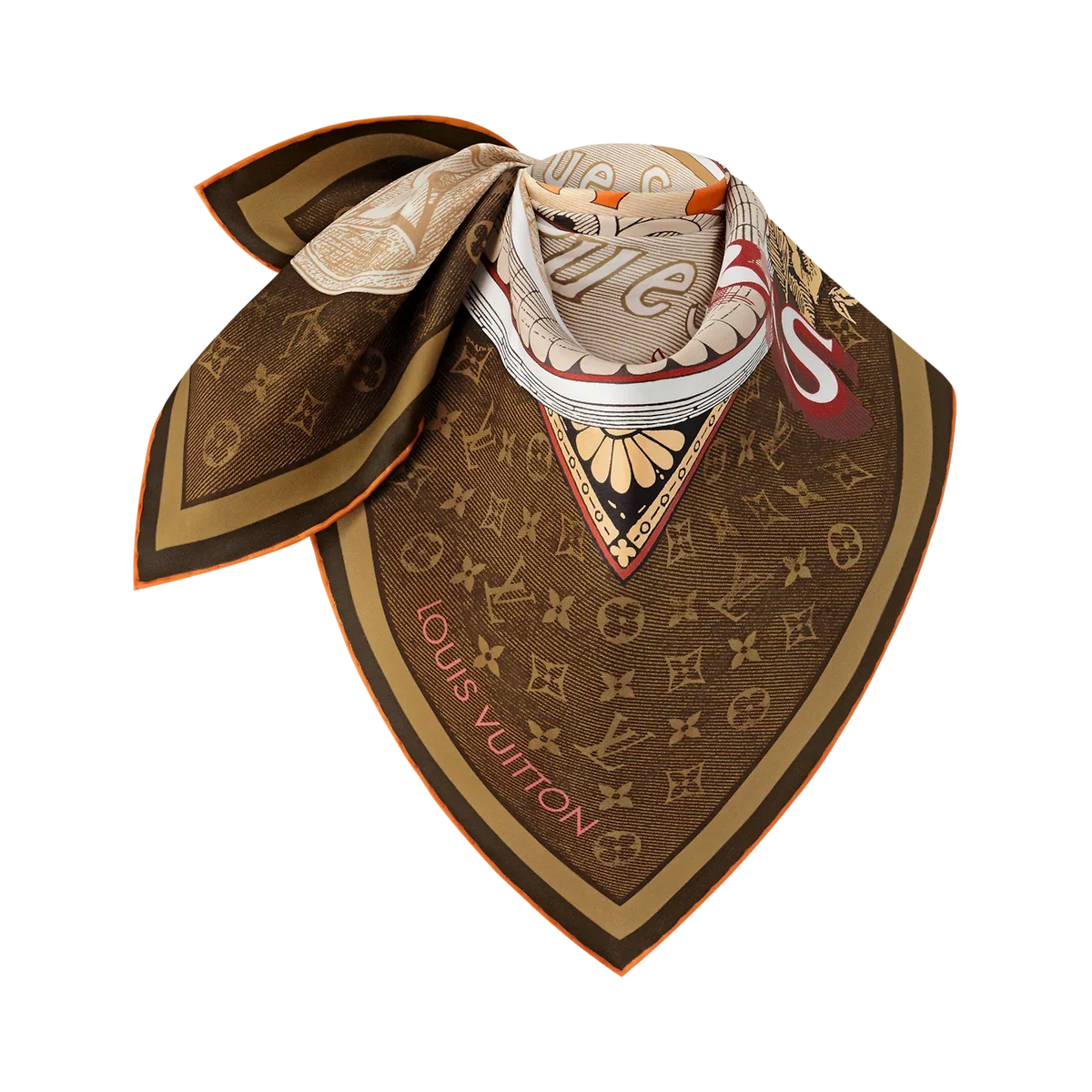 LV Double Sided Scarf 90 Brown Beige Monogram Twill Silk 168746