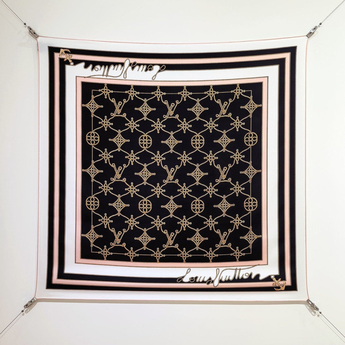 LV Double Sided Scarf 90 Black White Beige Monogram Twill Silk 164406