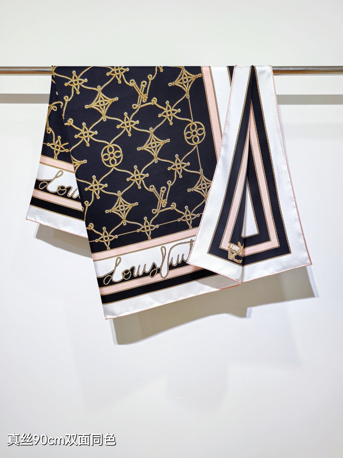 LV Double Sided Scarf 90 Black White Beige Monogram Twill Silk 164406