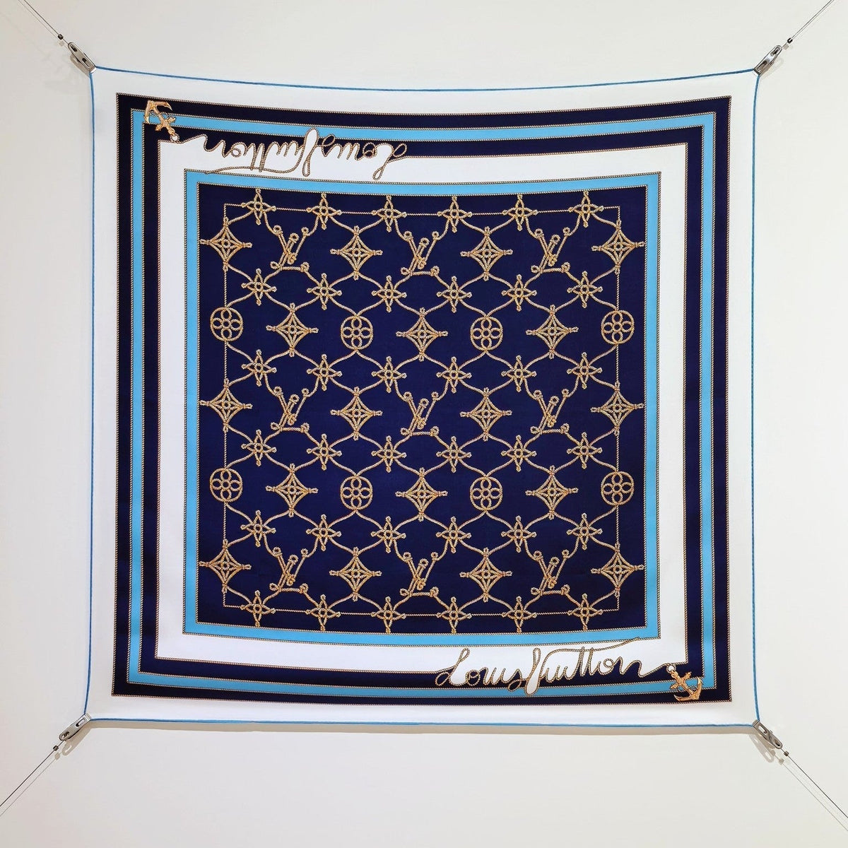 LV Double Sided Scarf 90 Dark Blue White Monogram Twill Silk 164407