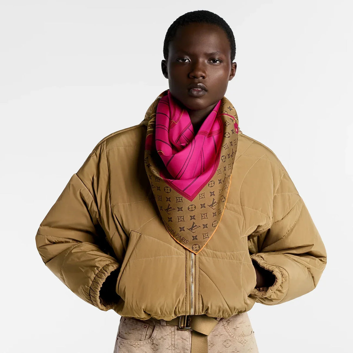 LV Double Sided Scarf 90 Pink Brown Monogram Cashmere Silk 168751